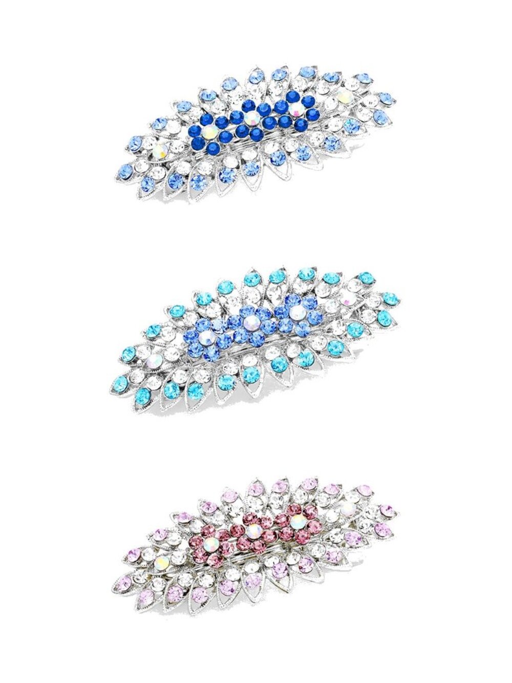 3 Rhinestone Spray Hair Barrettes - Blue, Aqua, Lavender Sparkly Clip Set
